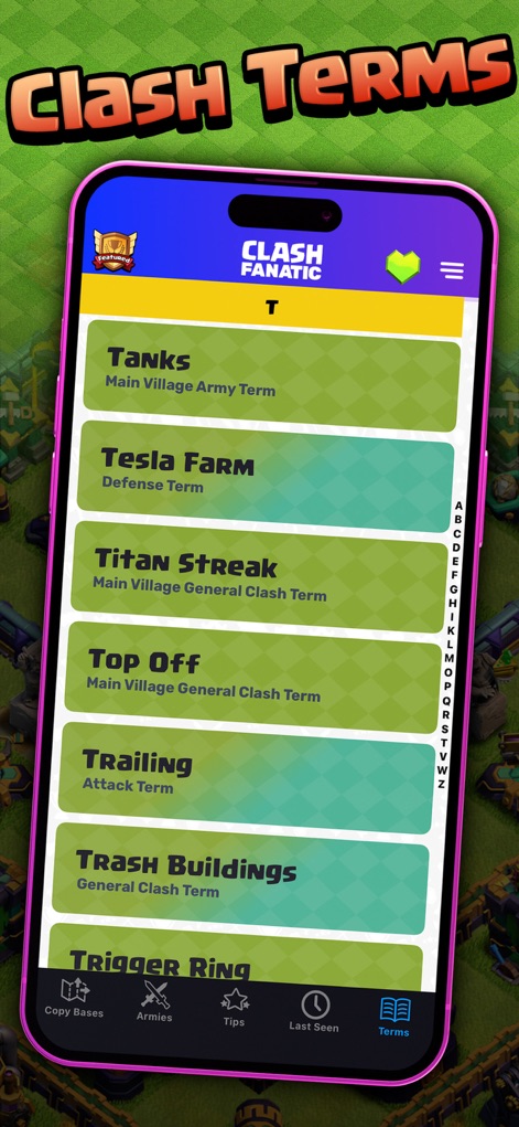 CoC Fanatic for Clash of Clans - O aplicativo oferece um glossário abrangente de termos de Clash of Clans, como 'Tanks' e 'Tesla Farm', facilitando o aprendizado com uma lista organizada alfabeticamente e uma barra de rolagem lateral.