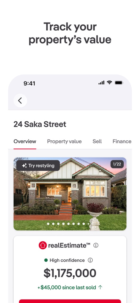 realestate.com.au - Property - 사용자들은 'realEstimate™'를 통해 부동산의 추정 가치($1,175,000)를 확인할 수 있으며, 'Try restyling' 기능을 사용하여 시각적인 변경을 시도해볼 수 있습니다.
