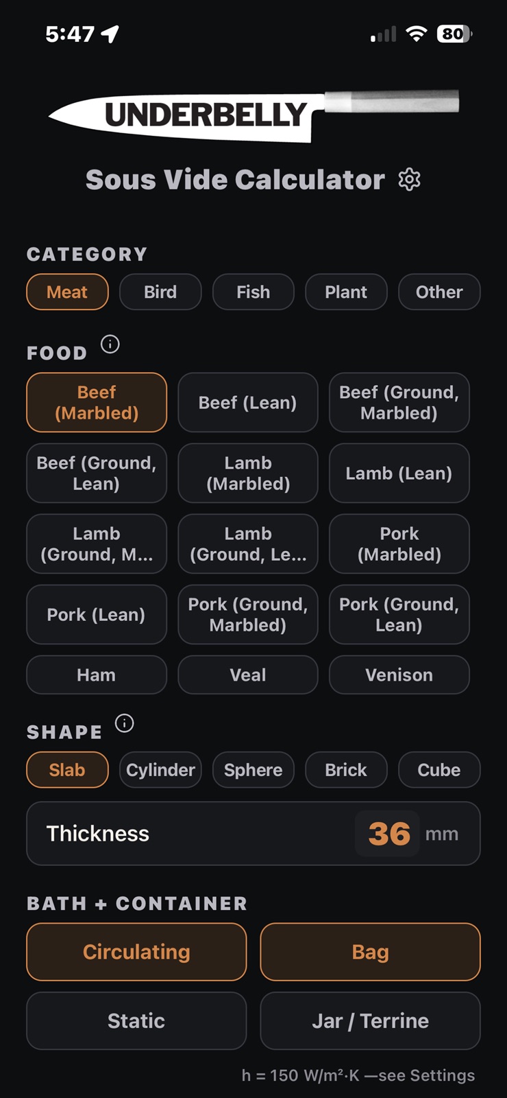 Underbelly Sous Vide Calc iphone screenshot 1