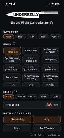 Underbelly Sous Vide Calc screenshot