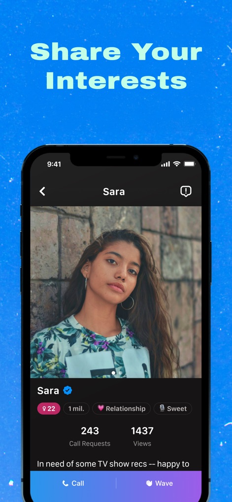 Goodnight – Voice Social App - 本アプリでは、ユーザープロフィールには年齢や通話リクエスト数などの詳細情報が表示され、「Call」や「Wave」といったアクションボタンを通じて、他のユーザーと簡単に交流を開始できます。