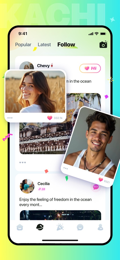 Kachi - Call & Party - La aplicación Kachi presenta una interfaz intuitiva para descubrir nuevos perfiles y contenido, destacando un "Feed de publicaciones dinámico" con diversas "Opciones de interacción social" como los botones 'Hi' y los contadores de 'likes' que fomentan la conexión.