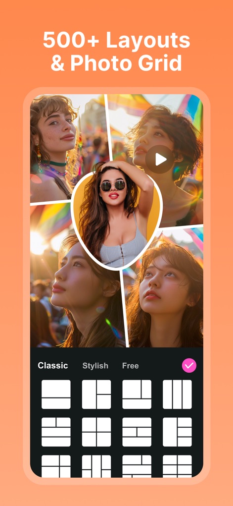 Collage Maker - Photos Editor - 이 앱은 500개 이상의 레이아웃과 포토 그리드를 제공하여, 'Classic', 'Stylish' 등 다채로운 카테고리에서 원하는 디자인을 선택할 수 있습니다.