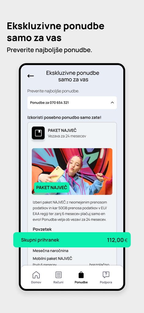 Telemach Slovenija - Discover tailored benefits with the app's dynamic display of "Ekskluzivne ponudbe" (Exclusive offers), clearly showing the "Skupni prihranek" (Total savings) users can achieve.