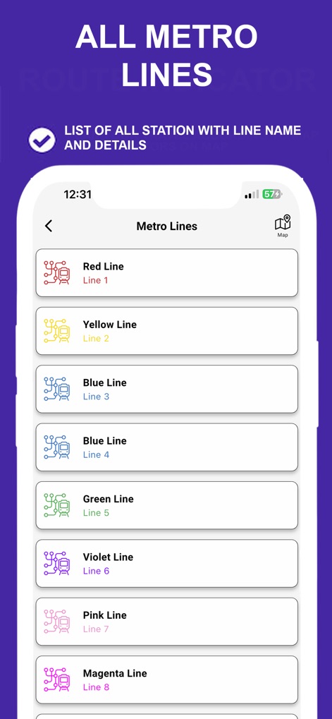 Delhi Metro Route Map and Fare - This feature presents a clear, organized list of all metro lines, each represented by a distinct name and color-coded icon for easy identification.
