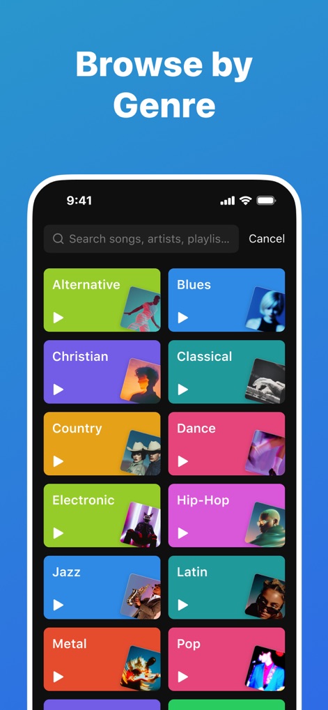 Offline Music & MP3 Player - Effortlessly navigate diverse musical landscapes through visually appealing 'Browse by Genre' tiles and a convenient search bar for quick access.