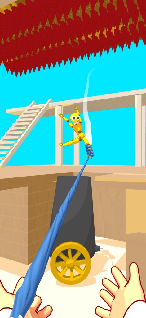 Ragdoll Capture - Observe how the app utilizes a first-person perspective for aiming the dynamic blue thread to capture the lively yellow ragdoll target.