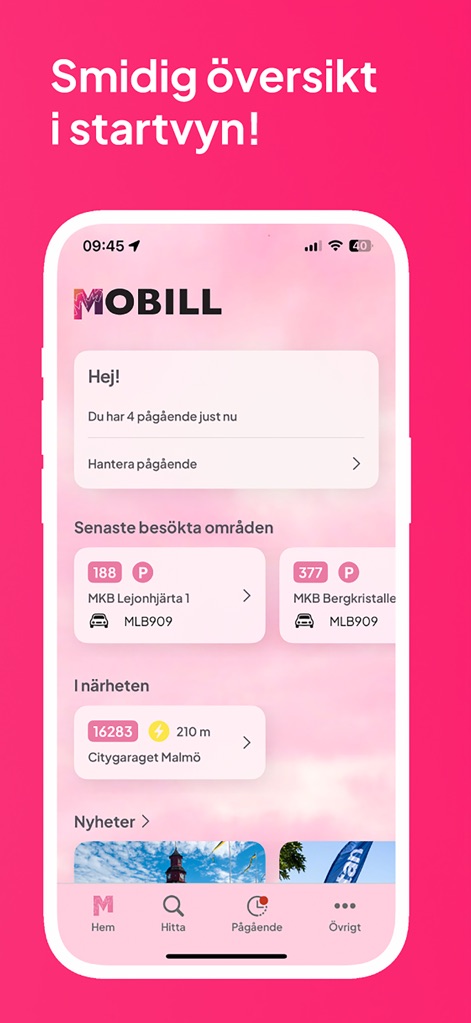 Mobill - Parking & Charging - Die App bietet in der Startansicht eine klare Übersicht über aktive Parkvorgänge und zeigt zuletzt besuchte Parkzonen an, was eine schnelle Navigation und Verwaltung ermöglicht.