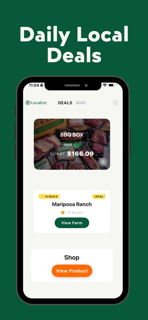 Localize - Farmers Market - Users can discover exclusive local deals on high-quality products like the "BBQ BOX," with clear pricing and direct options to "View Farm" or "Shop".