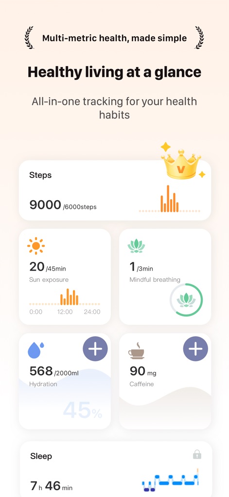 RelaxWatch: Stress&HRV Tracker - ユーザーは一日の歩数目標達成度を示すステップトラッカーで活動レベルを把握し、マインドフルネス呼吸の実施時間を示すカードで心の健康状態を追跡するなど、複数の健康習慣を包括的に管理できます。