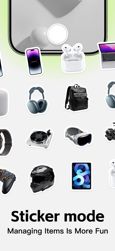 iAsset: Money Manager - La función 'Sticker mode' permite a los usuarios gestionar sus pertenencias de forma creativa, utilizando íconos visuales de sus dispositivos y coleccionables para una experiencia más atractiva.