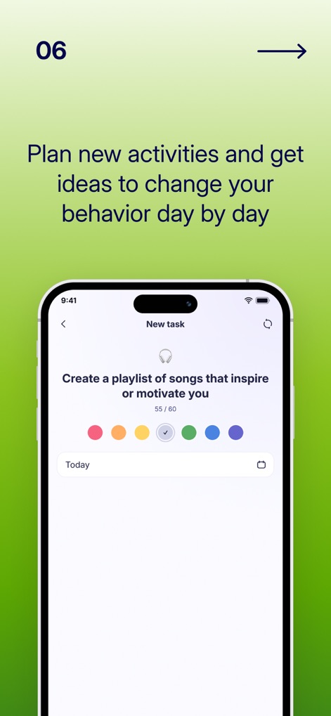 Liven: Discover yourself - This feature allows users to create new tasks, such as 'Create a playlist of songs that inspire or motivate you', and assign colored categories for better organization and tracking.