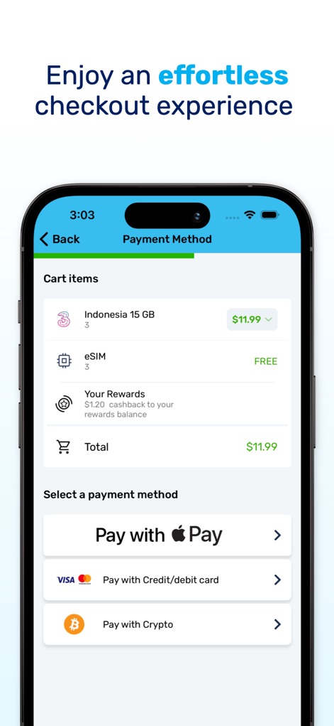MobiMatter: eSIM Marketplace - The app streamlines the purchase process by displaying cart items and offering multiple payment methods, including "Apple Pay" and "Pay with Crypto".