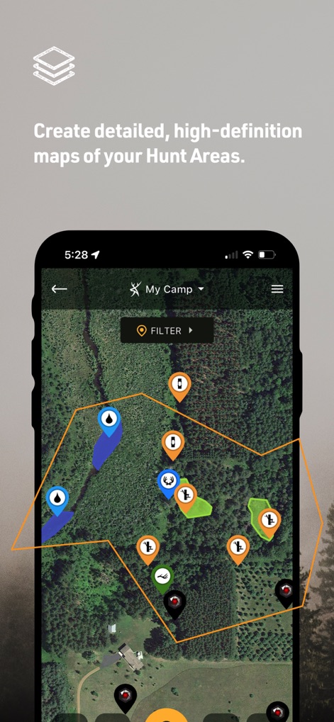 HuntStand: GPS Maps & Tools - The app allows users to create detailed, high-definition hunt area maps, complete with custom markers for key spots and clear boundary outlines.