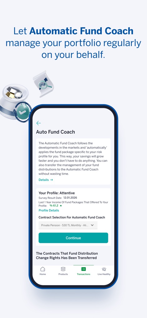 Garanti BBVA Emeklilik Mobile - The Auto Fund Coach service simplifies investment decisions, offering a clear description of its functionality and displaying the user's specific risk Profile, such as 'Attentive'.