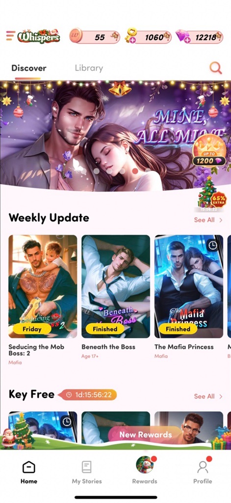 Whispers - Interactive Stories - The app offers an intuitive content navigation system with "Discover" and "Library" tabs, showcasing a rich array of diverse story covers and continuous updates.