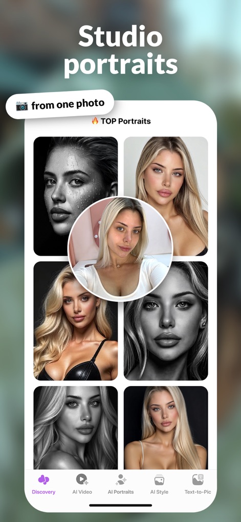 AI Video Photo・DreamPix Editor - Los usuarios pueden transformar una 'sola foto' en múltiples 'retratos de estudio' de alta calidad, explorando diversos estilos desde el panel de navegación inferior.