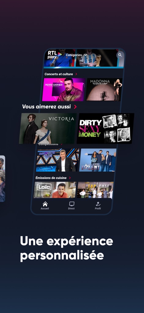 RTL play - Streaming et direct - This platform offers a personalized viewing experience through 'Vous aimerez aussi' recommendations and specialized content sections, including 'Concerts et culture'.
