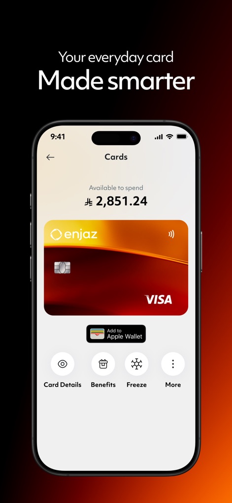 Enjaz Pay - このアプリは、利用可能な残高（SAR 2,851.24）が表示されたEnjazカードのデジタル表示と、Apple Walletへの追加機能を通じて、カードの便利な管理を提供します。