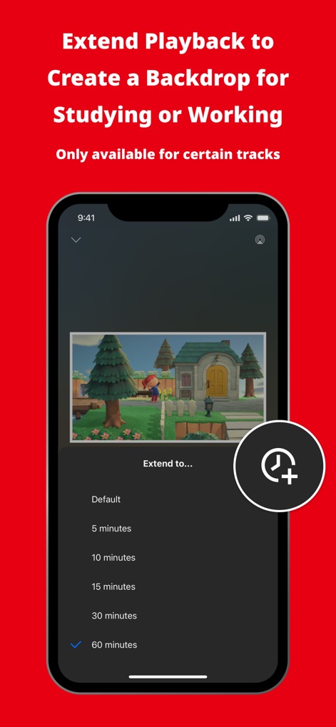 Nintendo Music - This feature allows users to customize their listening experience by extending track duration to options such as 30 or 60 minutes, along with the standard playback controls, ideal for focused activities.