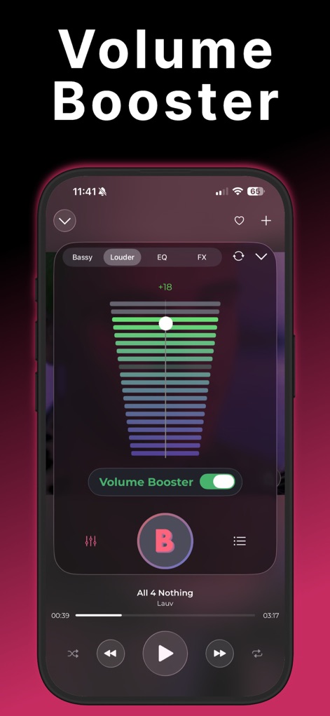 Bass Booster & Music EQ: BASSY - The app provides an effective volume booster toggle, complemented by a clear graphical volume level indicator to achieve a louder and stronger sound.