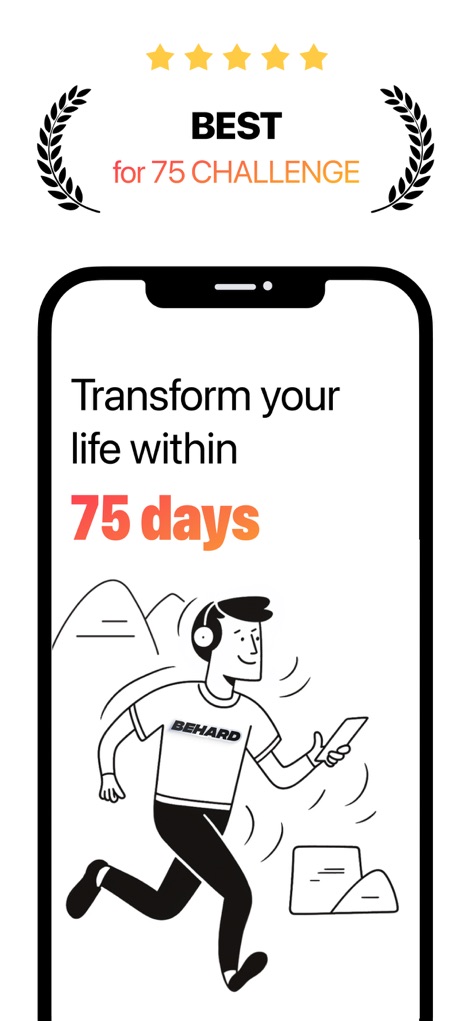 75 Days Challenge Tough & Soft - Questo screenshot iniziale cattura l'essenza dell'app con il messaggio "Transform your life within 75 days" e un'illustrazione dinamica che suggerisce l'attività fisica, ispirando gli utenti all'azione.