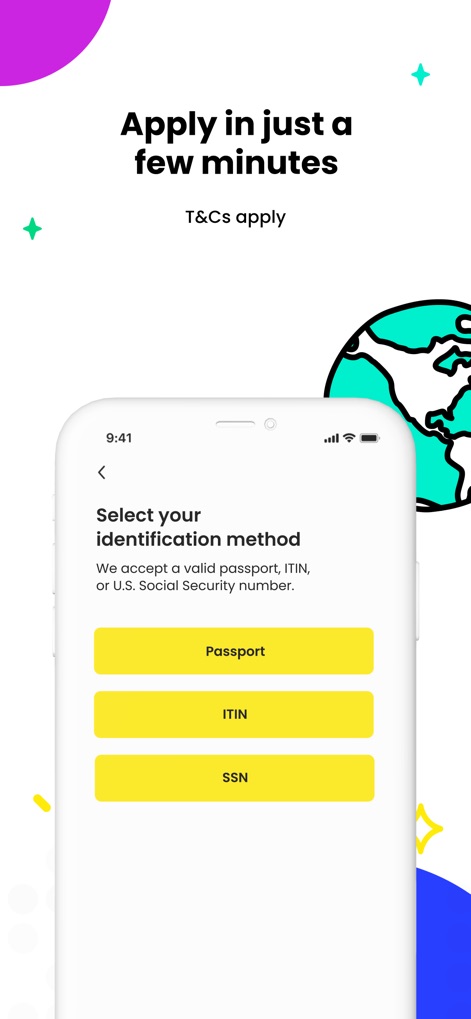 Seis: Mobile Finances - Die Registrierung ist unkompliziert, da Nutzer auf dem Bildschirm aus verschiedenen Identifikationsmethoden wie 'Passport' und der 'ITIN'-Option wählen können.