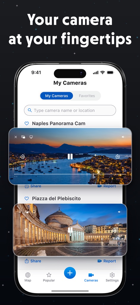 Live Earth Camera - Los usuarios gestionan sus fuentes personalizadas en 'My Cameras', permitiendo la visualización simultánea de múltiples transmisiones con controles de reproducción intuitivos y una barra de búsqueda.