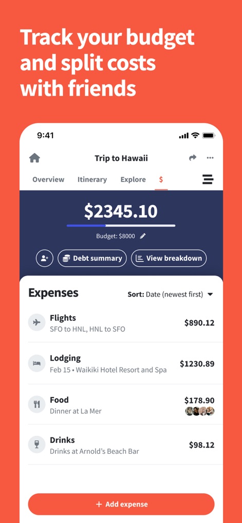 Wanderlog - Travel Planner - The app offers robust financial tools, enabling users to track their total trip budget against current expenses and categorize spending for items like "Flights" and "Lodging."