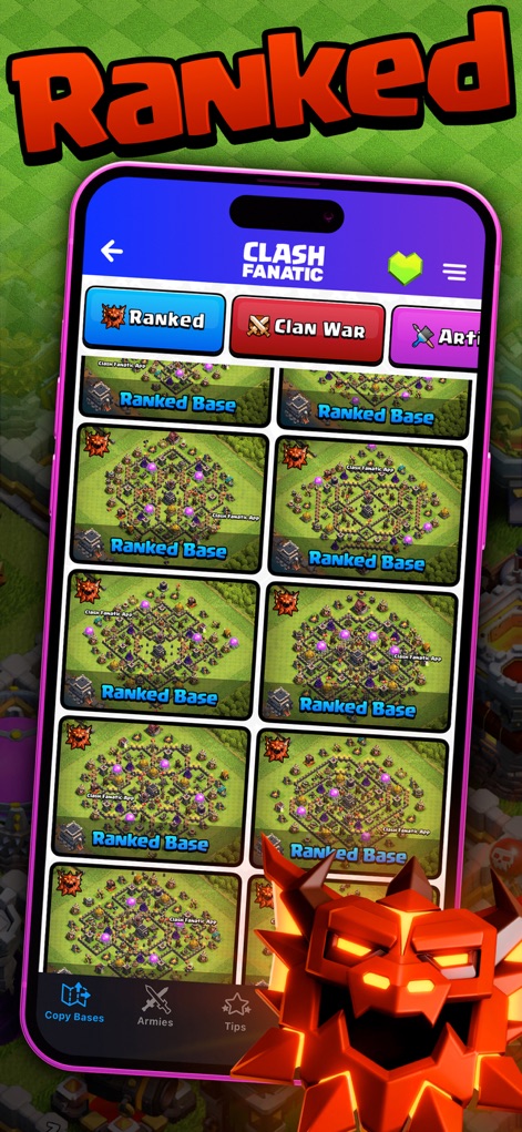 CoC Fanatic for Clash of Clans - Esta seção oferece bases otimizadas para batalhas ranqueadas, com diversos layouts de 'Ranked Base' em exibição e a aba 'Ranked' claramente destacada para navegação.