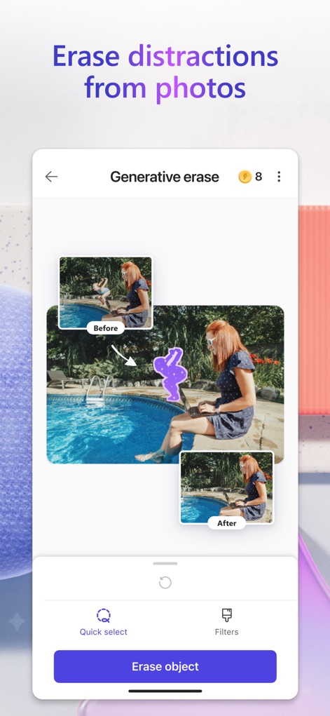Microsoft Designer - La herramienta de borrado generativo permite eliminar elementos no deseados con precisión, claramente visible en la comparación del antes y el después, donde un objeto del fondo ha sido suprimido de forma impecable.