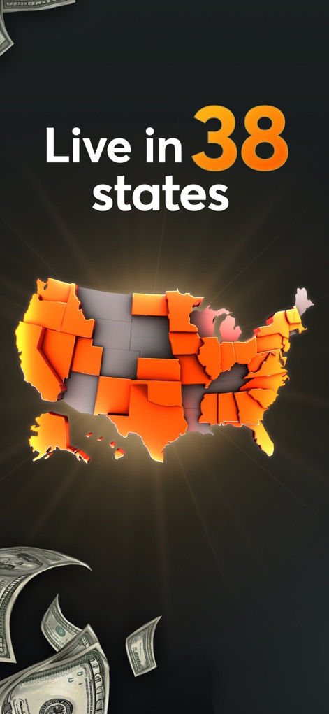 Triumph: Play for Cash - View the app's broad reach with "Live in 38 states" clearly indicated by the highlighted areas on the US map.