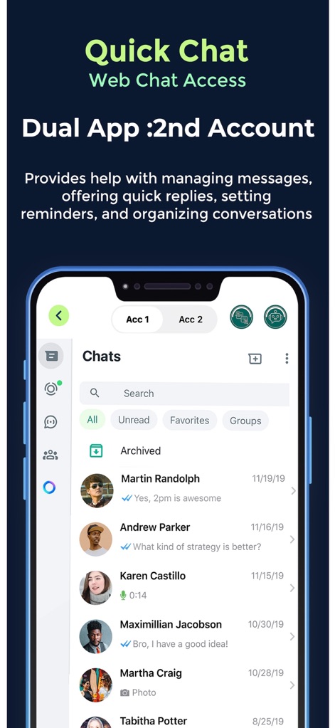 Whats Web Scanner: Quick Chat - Esta captura ilustra la capacidad de la aplicación para gestionar dos cuentas simultáneamente, como se ve en las pestañas 'Acc 1' y 'Acc 2', y presenta una interfaz familiar de lista de chats.