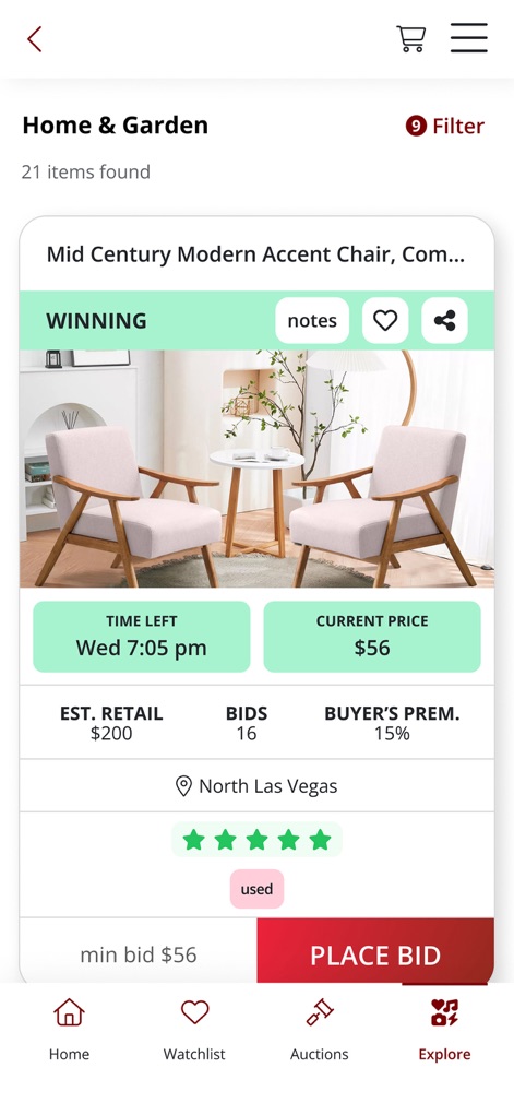 Nellis Auction - Upon a successful bid, the interface prominently displays a 'WINNING' banner and updates the 'Current Price' to reflect the user's current status.