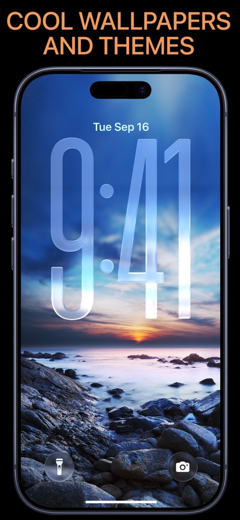 WallpX iPhone Wallpapers 17 4K - Explore the app's collection of cool wallpapers and themes, featuring a serene landscape of a sunset over a rocky beach.