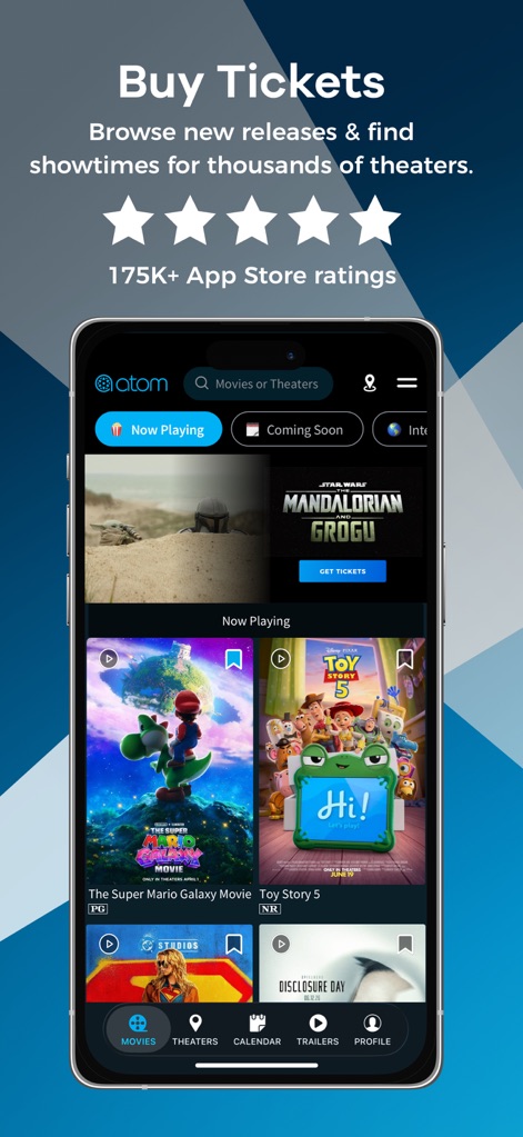 Atom - Movie Tickets & Times - Users can effortlessly browse a wide selection of films, from 'The Super Mario Galaxy Movie' to 'Toy Story 5', and quickly navigate showtimes using the intuitive bottom menu bar.