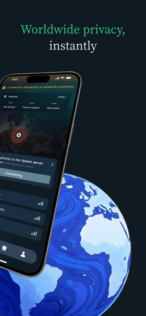 VPN - New VPN Planet Buck - 이 스크린샷은 사용자가 탭 한 번으로 전 세계 서버에 연결하여 온라인 활동을 보호하고, 광고 차단 및 트래커 중지 기능을 통해 개인 정보를 지킬 수 있음을 보여줍니다.