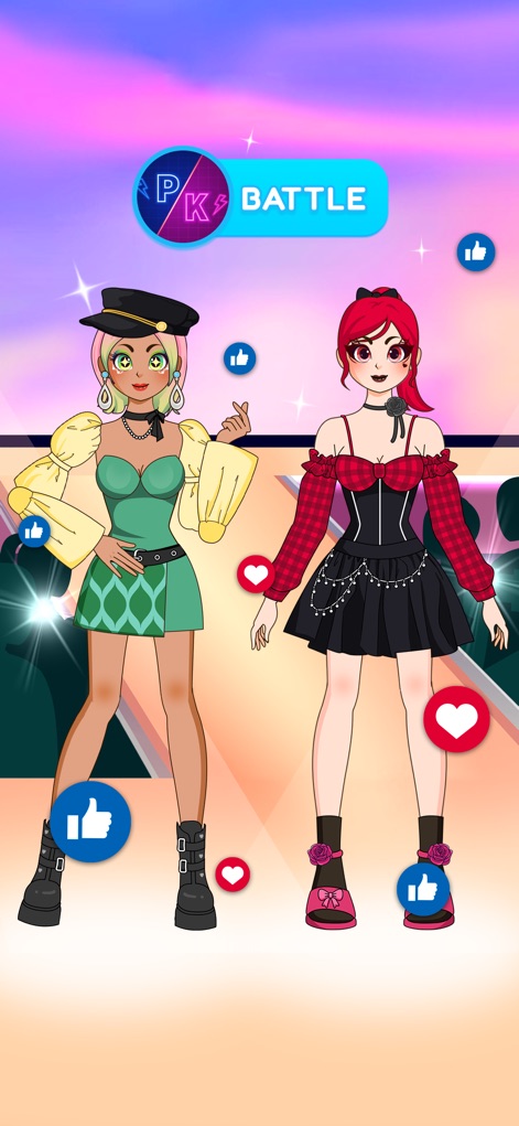 Star Style: Left Right Fashion - The PK Battle interface offers direct avatar comparison, showcasing two distinct styles competing for audience approval through interactive reaction indicators.