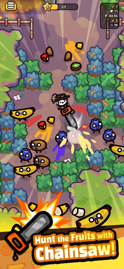 Chainsaw Juice King: Idle Shop - The app vividly displays the intense fruit-slicing action with a chainsaw and the vibrant visual effects of chopped fruits.