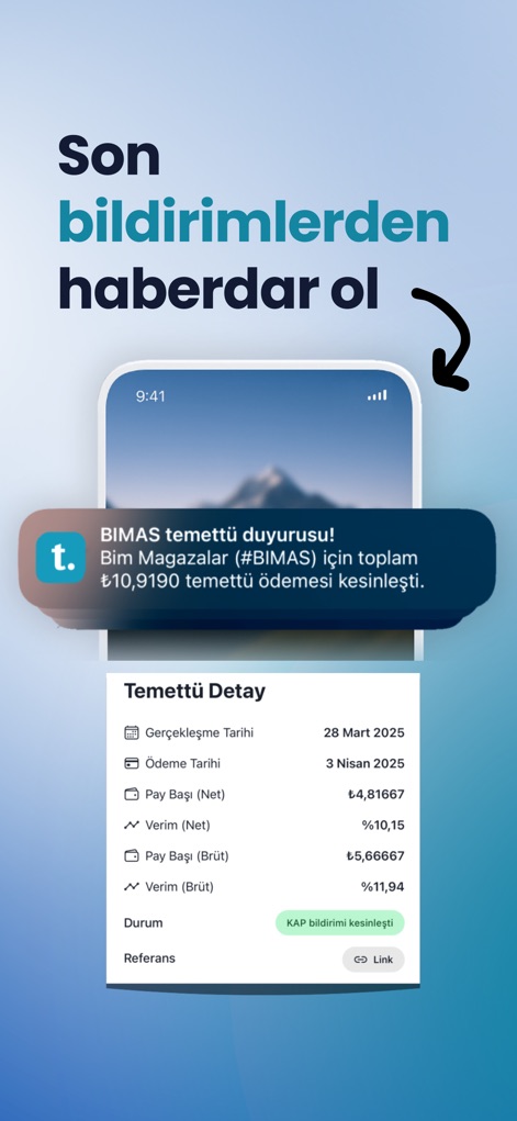 Temettü: Hisse Portföy Takvim - Los usuarios reciben "Bildirimler" (notificaciones) en tiempo real sobre anuncios de dividendos, mostrando detalles cruciales como la "Ödeme Tarihi" (fecha de pago) y el "Verim (Net)" (rendimiento neto).
