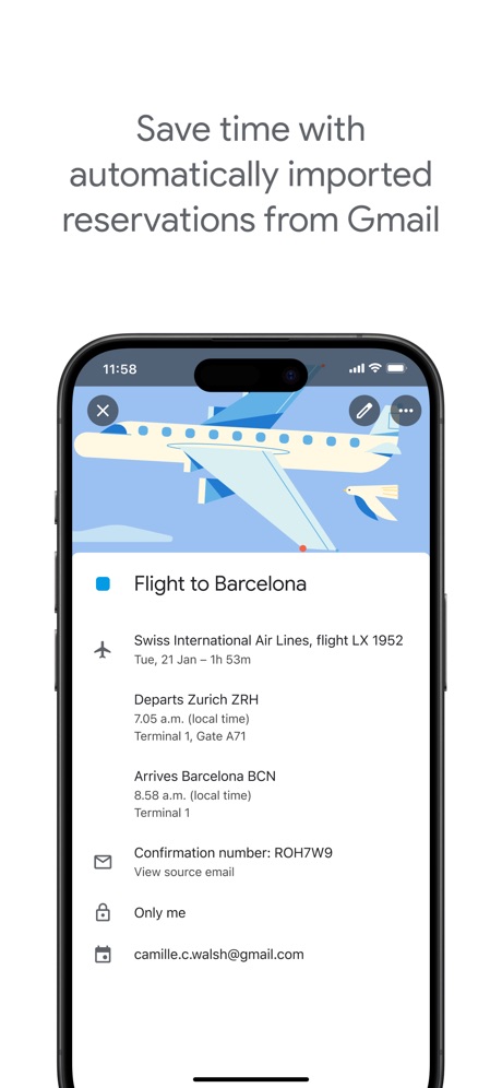 Google Calendar: Get Organized App Store screenshot 4, headline “Save time with automatically imported reservations from Gmail”. Leads with an outcome.