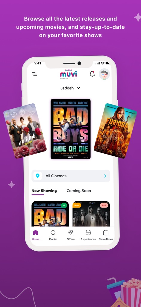 muvi Cinemas - The app presents a dynamic display of "Now Showing" and "Coming Soon" movies, alongside an easily accessible bottom navigation bar for seamless browsing.
