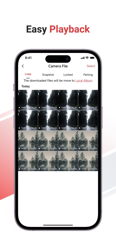 TERUNSOUL - Una galería de archivos de video se organiza con filtros como 'Loop' y 'Snapshot', facilitando la gestión de las grabaciones importantes.