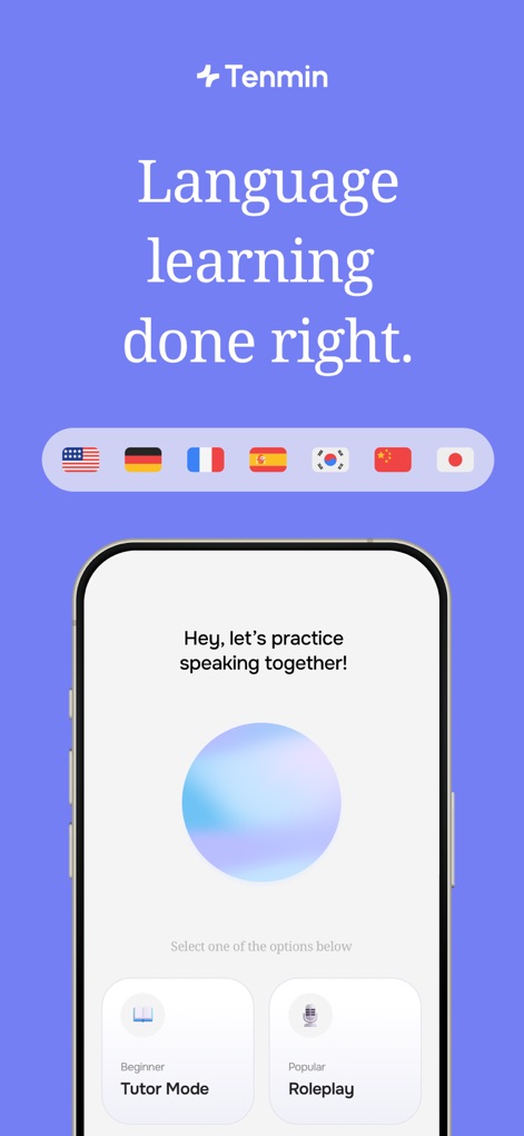 Tenmin - Language Learning - The app showcases its intuitive multi-language selection via flag icons and offers immediate engagement with options like 'Tutor Mode' and 'Roleplay'.