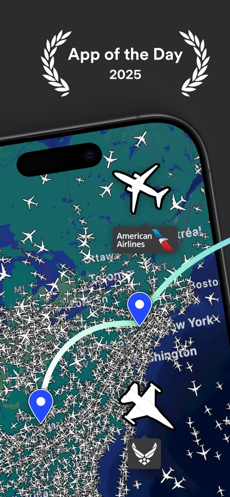 Plane Finder ⁃ Flight Tracker - Users can observe dynamic "Global Air Traffic" patterns and identify specific carriers like "American Airlines" across the interactive map interface.