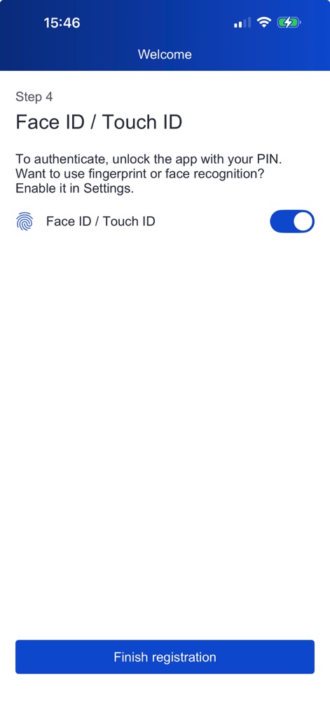 EU Login - The app guides users to enable enhanced security through the 'Face ID / Touch ID' toggle, culminating in the 'Finish registration' button for quick setup completion.