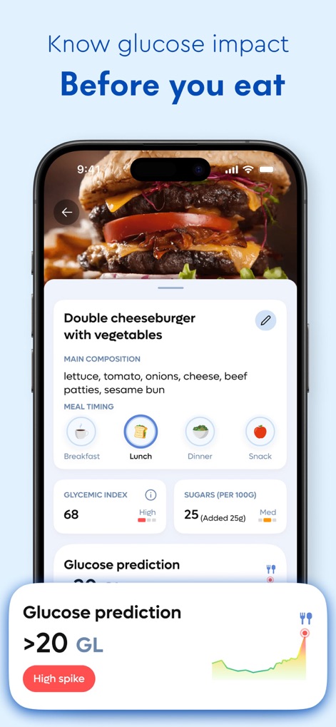 GluHealth: Blood Sugar Test AI - The app provides a detailed nutritional breakdown for meals, including glycemic index, and offers a predictive glucose impact graph to inform dietary choices.