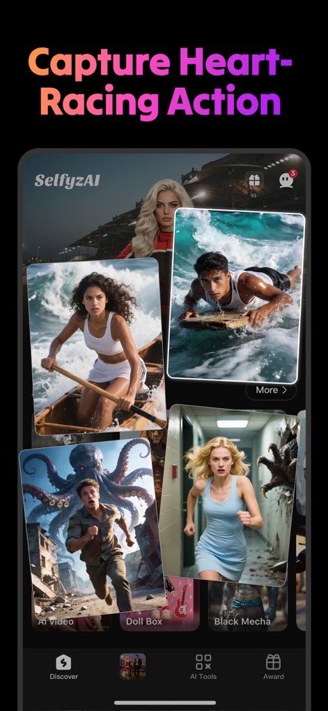 AI Video Generator : SelfyzAI - The app's "Discover" section presents a vibrant gallery of action-packed AI-generated scenes, showcasing diverse creative possibilities and dynamic visual effects.