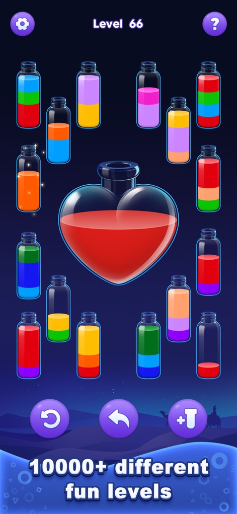 Water Sort Master! - This screenshot showcases the vibrant liquid sorting within a diverse array of bottles, highlighting the "10000+ different fun levels" available for players.