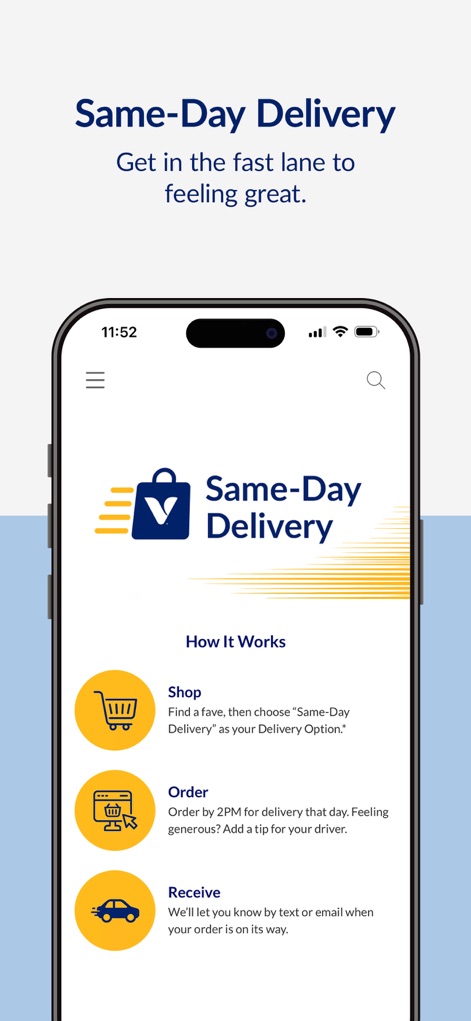 The Vitamin Shoppe - VShoppe - The app clearly outlines the 'three-step process' for 'Same-Day Delivery', from shopping to receiving an order.